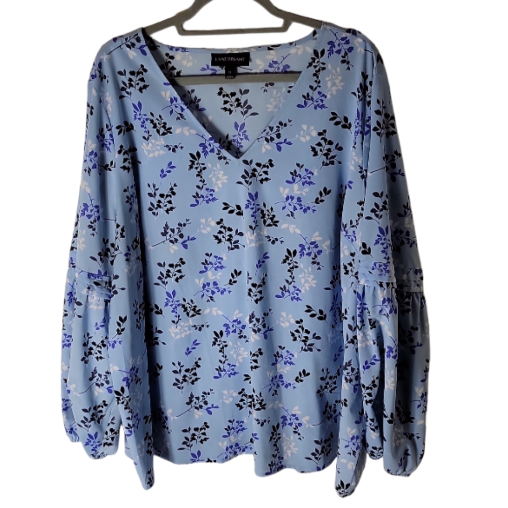 Lane Bryant women's plus size 22 floral v neck blue long sleeve  peasant top